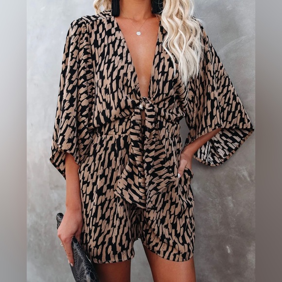Vici Pants - VICI - SCRATCH THAT PRINTED POCKETED TIE ROMPER - CAMEL